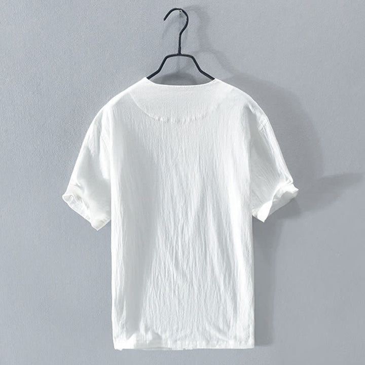Buddha Stones Summer Casual Asymmetrical V-Neck Button Solid Men's Short Sleeve Shirts - image 13