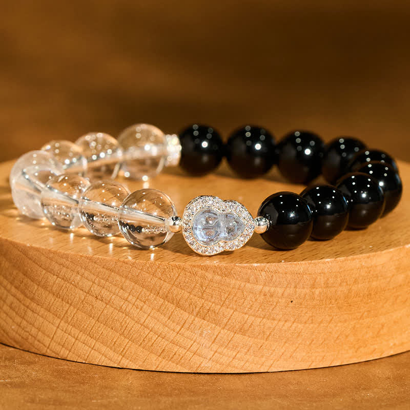 Buddha Stones Clear Quartz Black Obsidian Gourd Clarity Bracelet - image 18