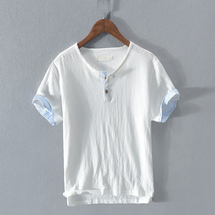Buddha Stones Summer Casual Minimalist Two Buttons Solid Cotton Linen Men's Short Sleeve Shirts - White - US/UK/AU44, EU54 (3XL) - image 10