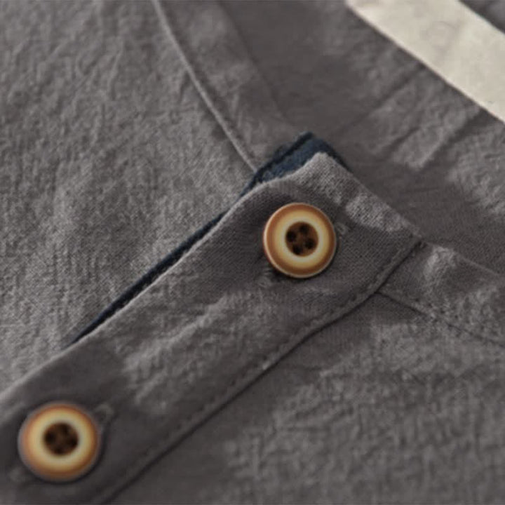 Buddha Stones Summer Casual Minimalist Two Buttons Solid Cotton Linen Men's Short Sleeve Shirts - image 2