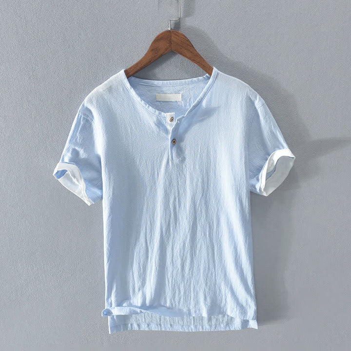 Buddha Stones Summer Casual Minimalist Two Buttons Solid Cotton Linen Men's Short Sleeve Shirts - LightSkyBlue - US/UK/AU42，EU52 (3XL) - image 6