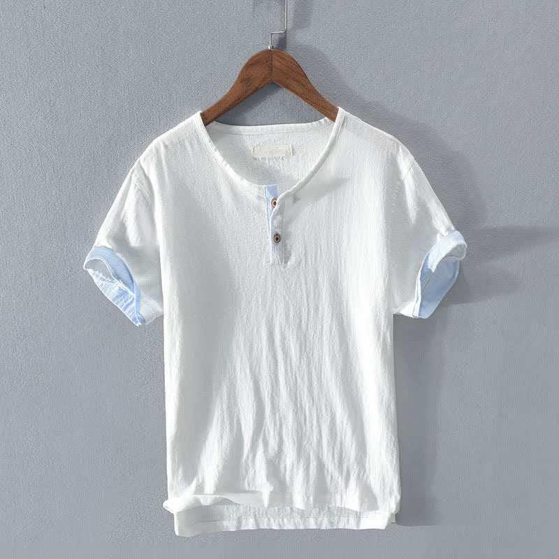 Buddha Stones Summer Casual Minimalist Two Buttons Solid Cotton Linen Men's Short Sleeve Shirts - White - US/UK/AU42，EU52 (3XL) - image 10