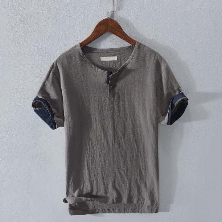 Buddha Stones Summer Casual Minimalist Two Buttons Solid Cotton Linen Men's Short Sleeve Shirts - Gray - US/UK/AU42，EU52 (3XL) - image 0
