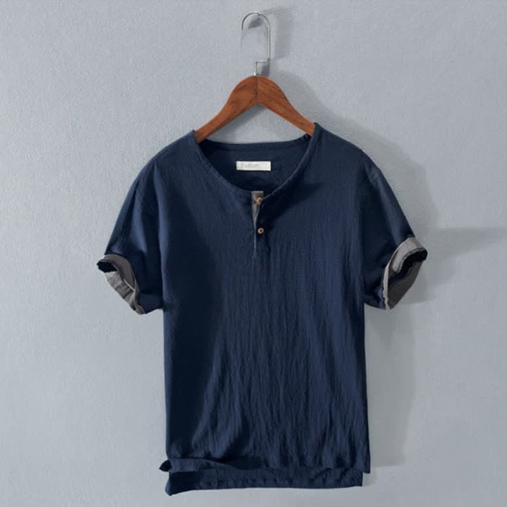 Buddha Stones Summer Casual Minimalist Two Buttons Solid Cotton Linen Men's Short Sleeve Shirts - MidnightBlue - US/UK/AU42，EU52 (3XL) - image 5