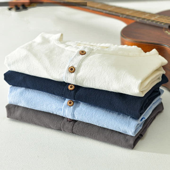 Buddha Stones Summer Casual Minimalist Two Buttons Solid Cotton Linen Men's Short Sleeve Shirts - image 14