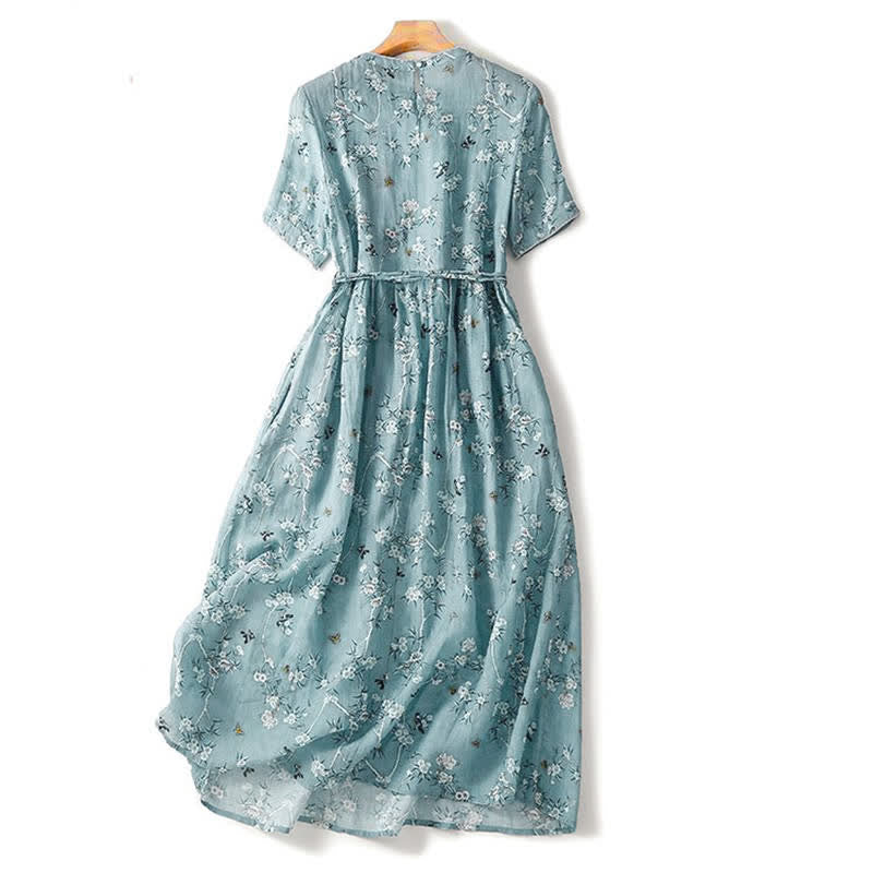 Buddha Stones Summer Casual Vintage Drawstring Blue Floral Women's Short Sleeve Dress - image 1