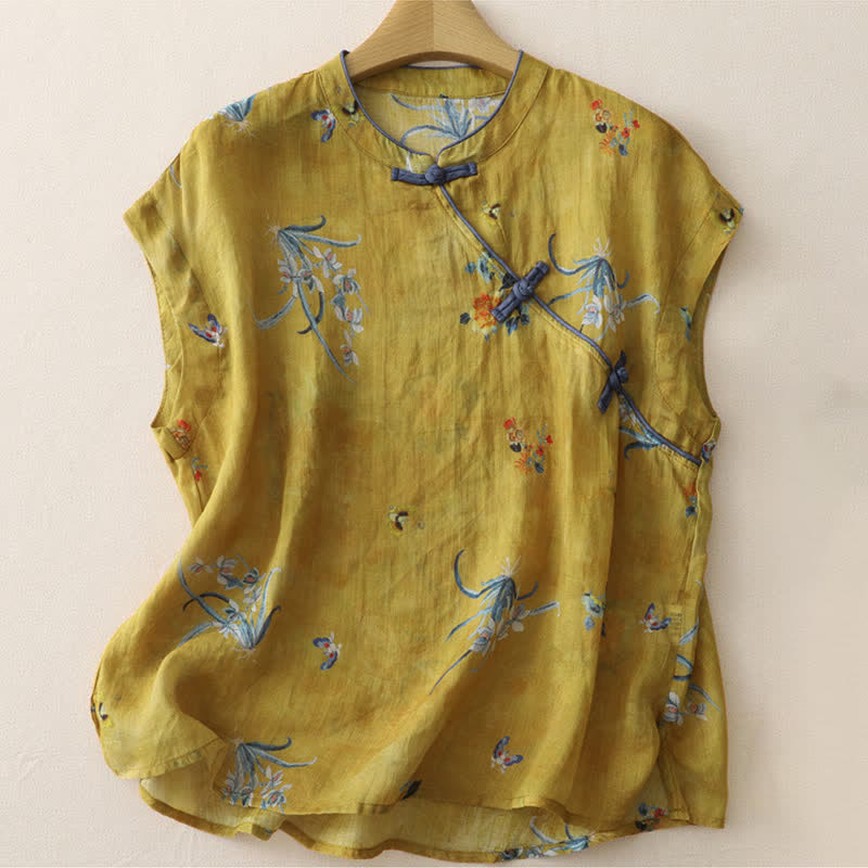 Buddha Stones Summer Tang Style Vintage Frog Button Orchid Floral Women's Sleeveless Shirts Tank Top - Peru - Sleeveless - US12，UK/AU16，EU44 (2XL) - image 0