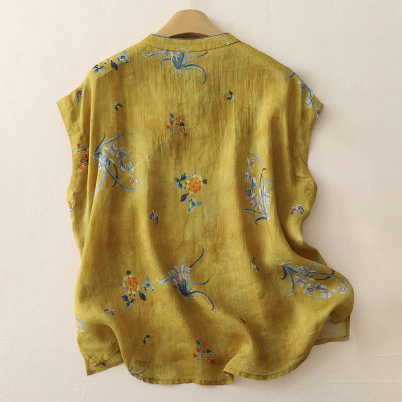 Buddha Stones Summer Tang Style Vintage Frog Button Orchid Floral Women's Sleeveless Shirts Tank Top - image 1
