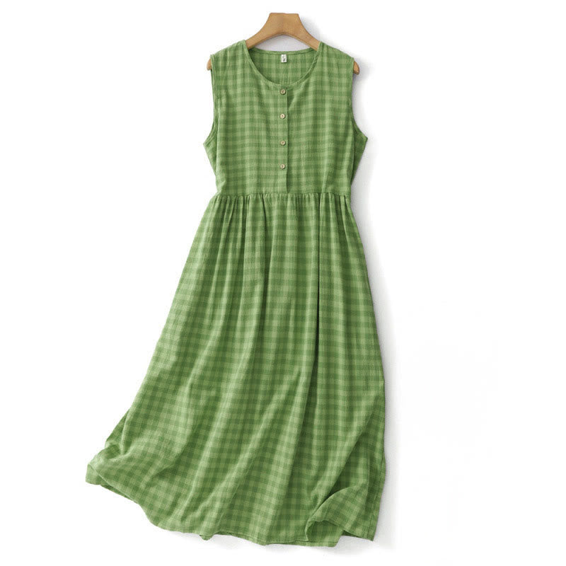 Buddha Stones Summer Casual Vintage Decorative Buttons Green Plaid Women's Summer Sleeveless Dress With Pockets - DarkSeaGreen - US12, UK/AU16, EU44 (2XL) - image 0