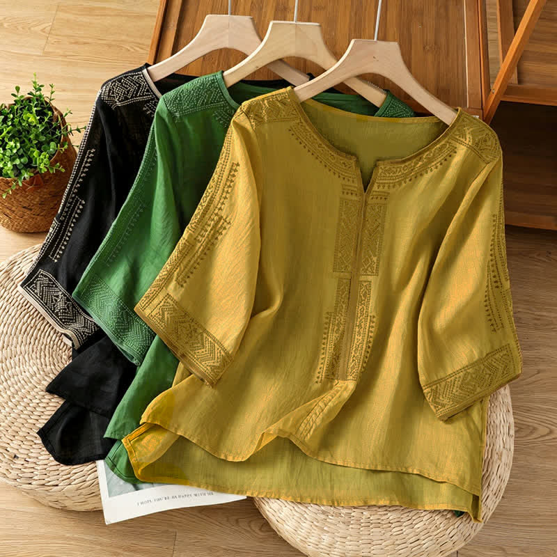 Buddha Stones Summer Boho Casual Embroidery Geometric Women's Short Sleeve T-Shirts - image 21