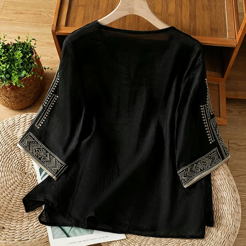 Buddha Stones Summer Boho Casual Embroidery Geometric Women's Short Sleeve T-Shirts - image 1