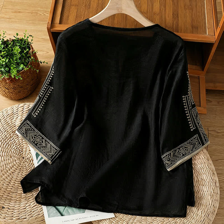 Buddha Stones Summer Boho Casual Embroidery Geometric Women's Short Sleeve T-Shirts - image 1