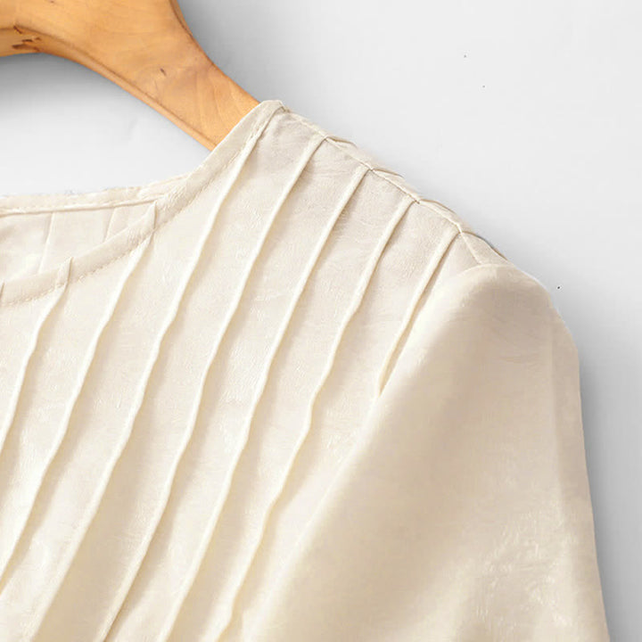 Buddha Stones Summer Elegant Pleated Solid Women's Short Sleeve T-Shirts - image 14