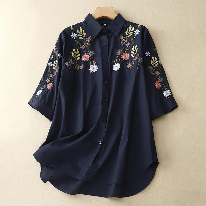 Buddha Stones Spring Summer Boho Embroidery Floral Women's Short Sleeve Shirt - MidnightBlue - US8-10，UK/AU12-14，EU40-42 (2XL) - image 0