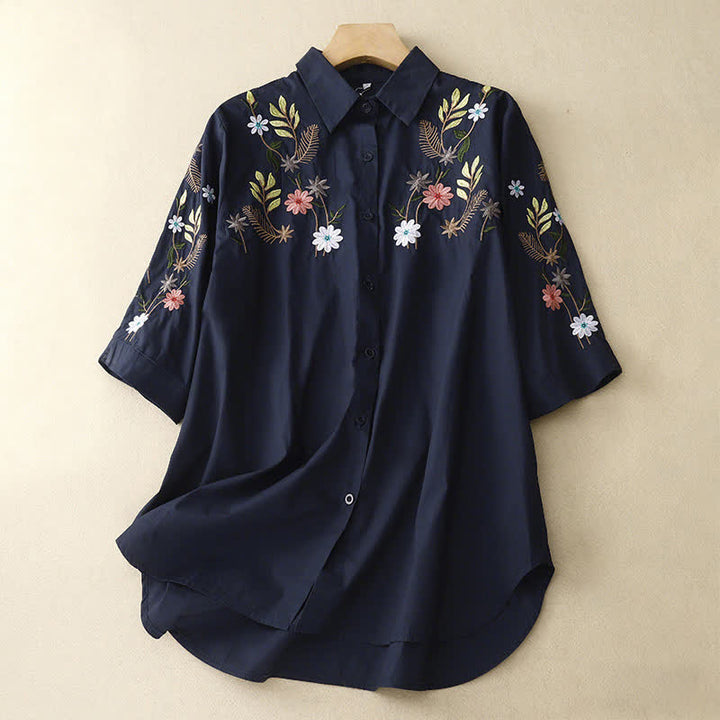 Buddha Stones Spring Summer Boho Embroidery Floral Women's Short Sleeve Shirt - MidnightBlue - US8-10，UK/AU12-14，EU40-42 (2XL) - image 0