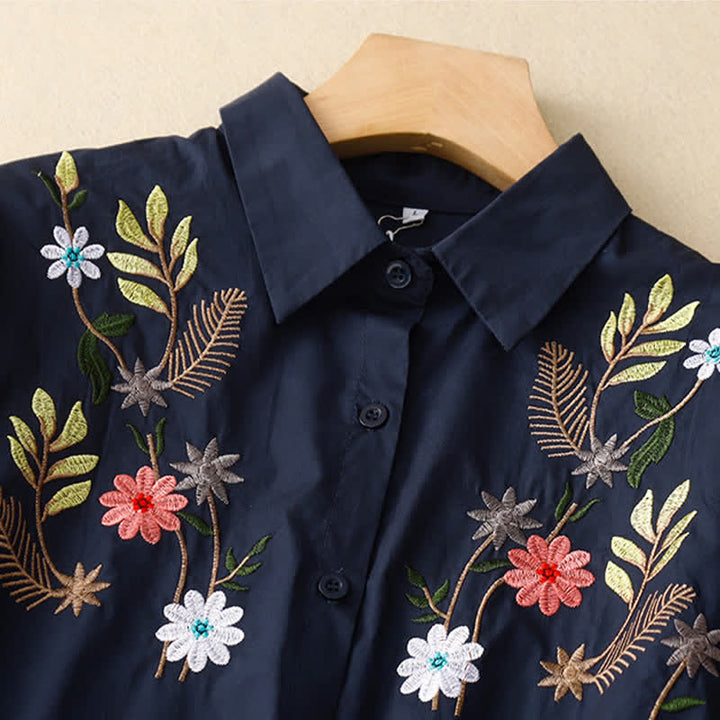 Buddha Stones Spring Summer Boho Embroidery Floral Women's Short Sleeve Shirt - image 1