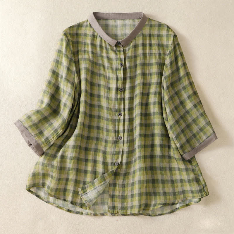 Buddha Stones Summer Vintage Button Up Plaid Women's Short Sleeve Shirts - YellowGreen - US8-10，UK/AU12-14，EU40-42 (2XL) - image 0