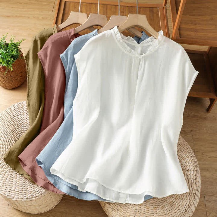 Buddha Stones Summer Casual Ruffled Collar Back Button-up Solid Women's Sleeveless Shirts - image 25