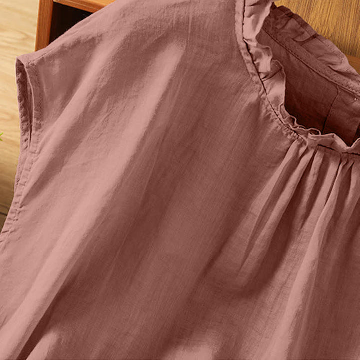 Buddha Stones Summer Casual Ruffled Collar Back Button-up Solid Women's Sleeveless Shirts - image 10