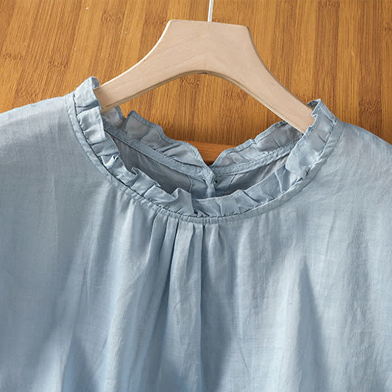 Buddha Stones Summer Casual Ruffled Collar Back Button-up Solid Women's Sleeveless Shirts - image 2
