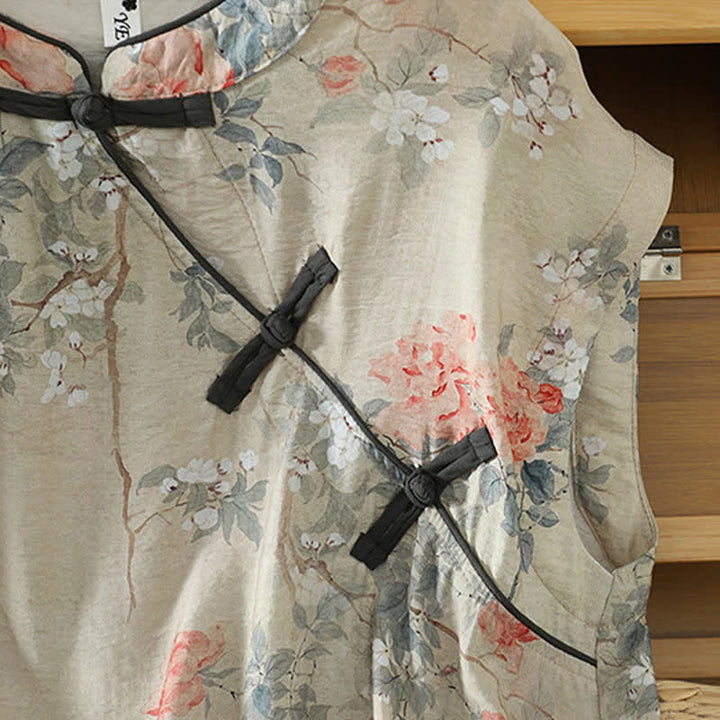 Buddha Stones Summer Elegant Mandarin Collar Side Slit Floral Print Women's Sleeveless Shirts - image 2