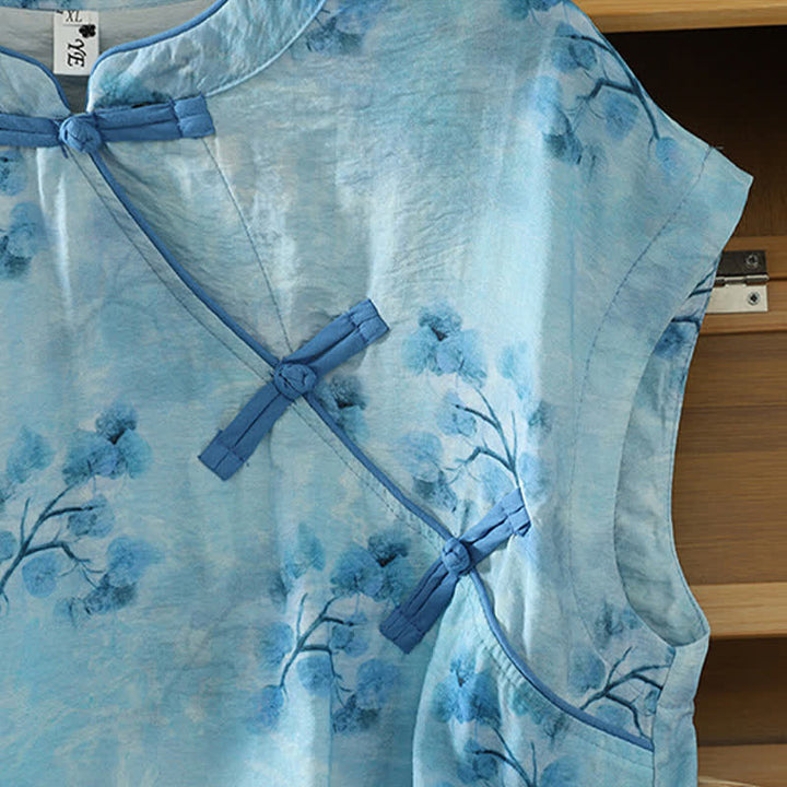 Buddha Stones Summer Elegant Mandarin Collar Side Slit Floral Print Women's Sleeveless Shirts - image 7