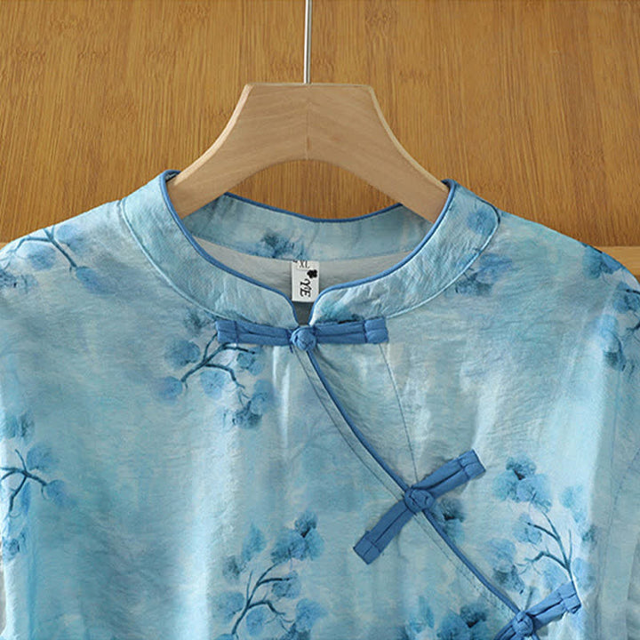 Buddha Stones Summer Elegant Mandarin Collar Side Slit Floral Print Women's Sleeveless Shirts - image 6