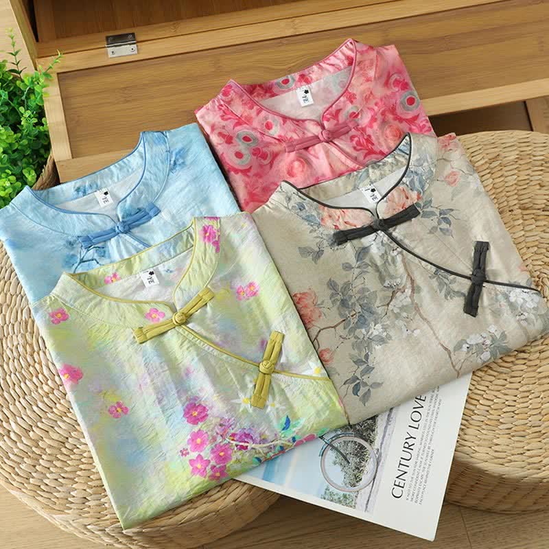 Buddha Stones Summer Elegant Mandarin Collar Side Slit Floral Print Women's Sleeveless Shirts - image 27