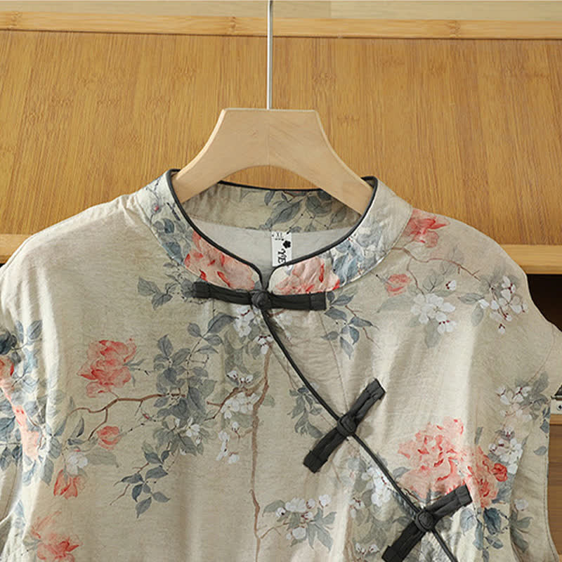 Buddha Stones Summer Elegant Mandarin Collar Side Slit Floral Print Women's Sleeveless Shirts - image 1