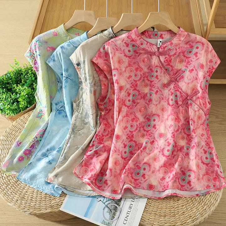 Buddha Stones Summer Elegant Mandarin Collar Side Slit Floral Print Women's Sleeveless Shirts - image 25