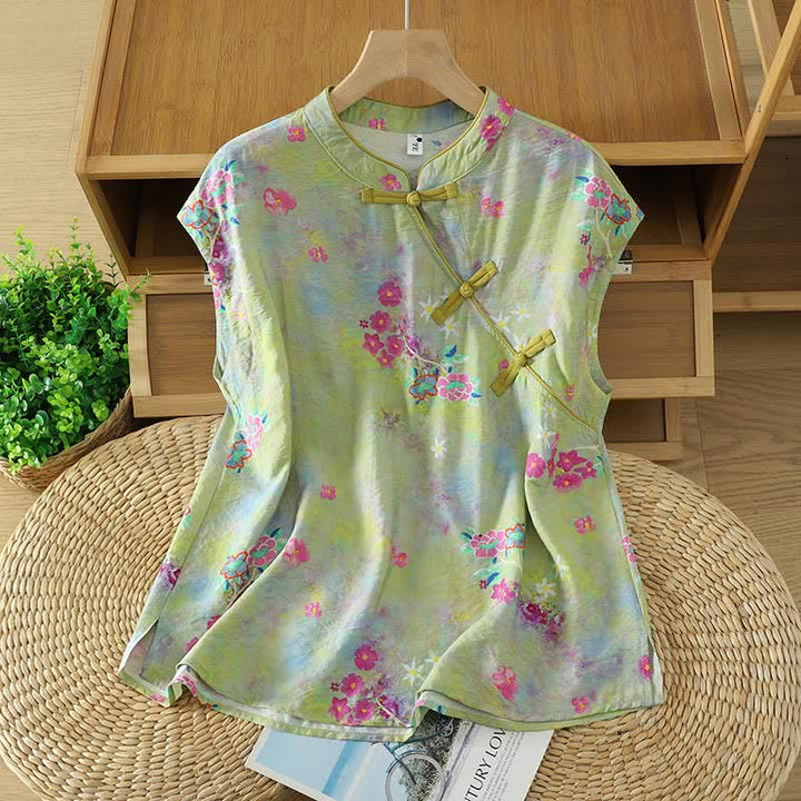 Buddha Stones Summer Elegant Mandarin Collar Side Slit Floral Print Women's Sleeveless Shirts - YellowGreen - US14，UK/AU18，EU46 (2XL) - image 10