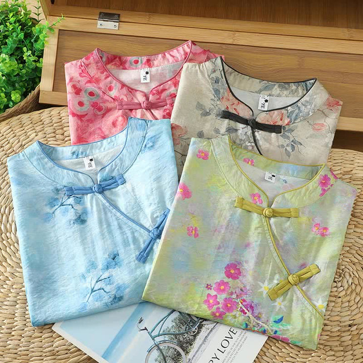 Buddha Stones Summer Elegant Mandarin Collar Side Slit Floral Print Women's Sleeveless Shirts - image 26