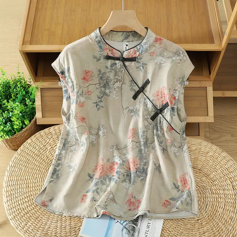 Buddha Stones Summer Elegant Mandarin Collar Side Slit Floral Print Women's Sleeveless Shirts - Beige - US14，UK/AU18，EU46 (2XL) - image 0