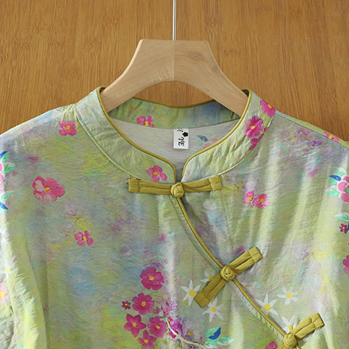 Buddha Stones Summer Elegant Mandarin Collar Side Slit Floral Print Women's Sleeveless Shirts - image 11