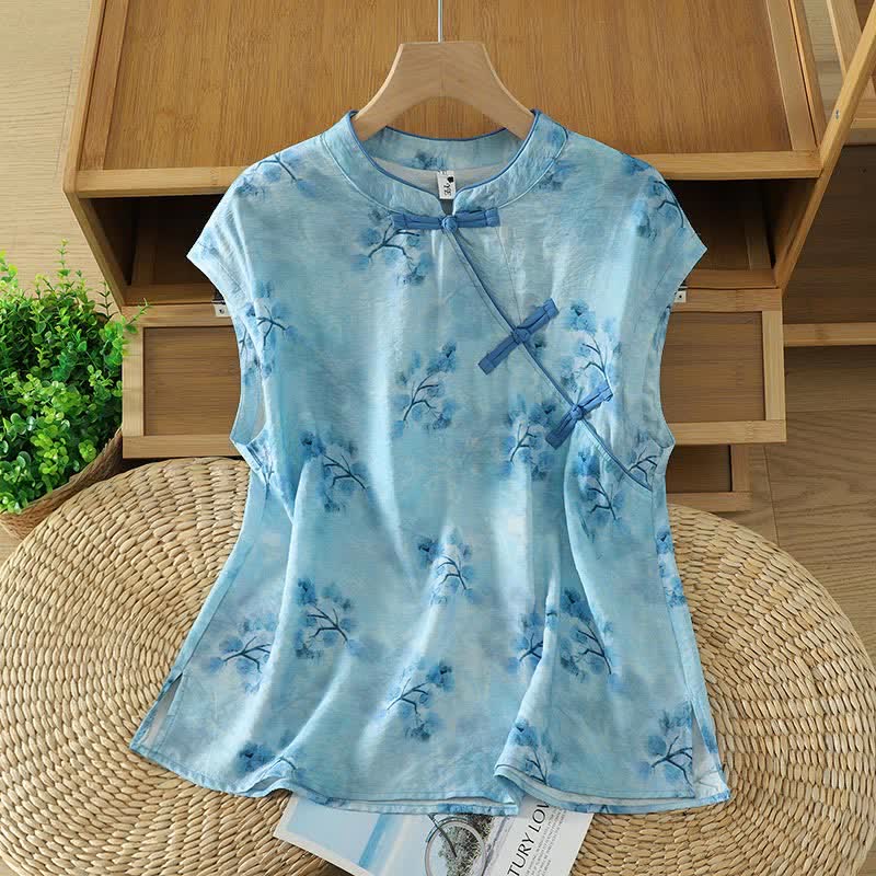 Buddha Stones Summer Elegant Mandarin Collar Side Slit Floral Print Women's Sleeveless Shirts - PowderBlue - US14，UK/AU18，EU46 (2XL) - image 5