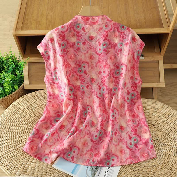 Buddha Stones Summer Elegant Mandarin Collar Side Slit Floral Print Women's Sleeveless Shirts - image 16