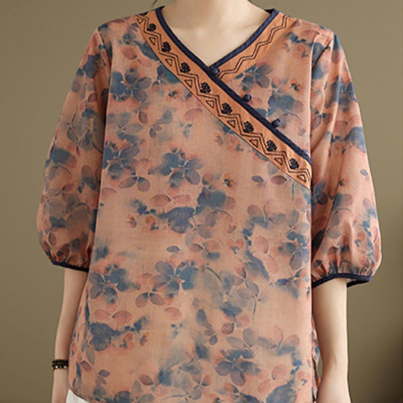 Buddha Stones Summer Vintage Floral V-Neck Women's Elbow-Length Sleeve Shirts - image 12