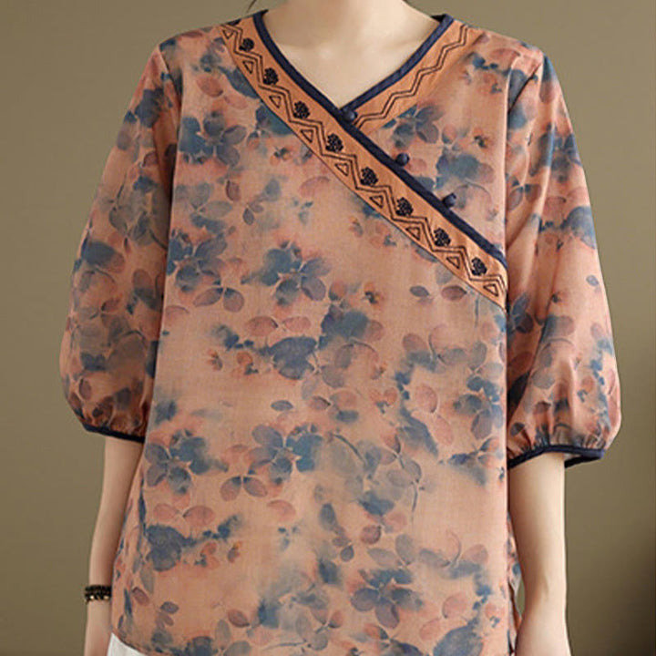 Buddha Stones Summer Vintage Floral V-Neck Women's Elbow-Length Sleeve Shirts - image 12