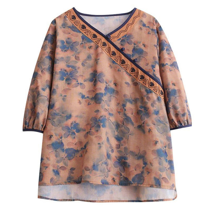 Buddha Stones Summer Vintage Floral V-Neck Women's Elbow-Length Sleeve Shirts - image 14