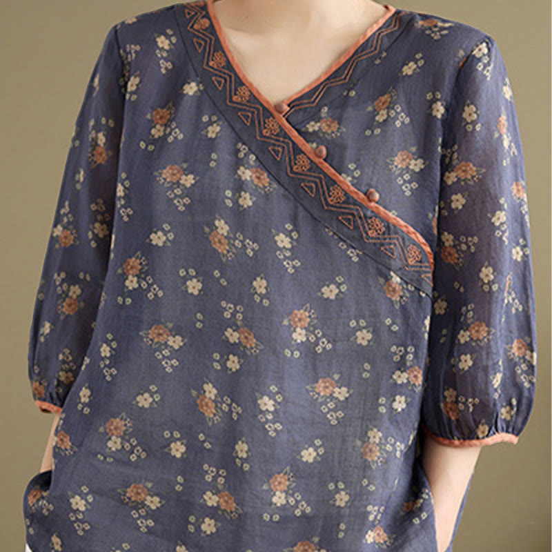 Buddha Stones Summer Vintage Floral V-Neck Women's Elbow-Length Sleeve Shirts - image 4