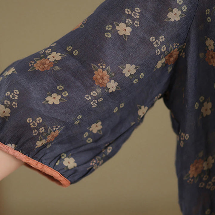 Buddha Stones Summer Vintage Floral V-Neck Women's Elbow-Length Sleeve Shirts - image 7