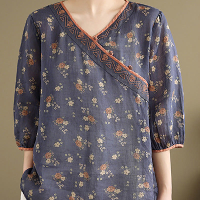 Buddha Stones Summer Vintage Floral V-Neck Women's Elbow-Length Sleeve Shirts - image 3