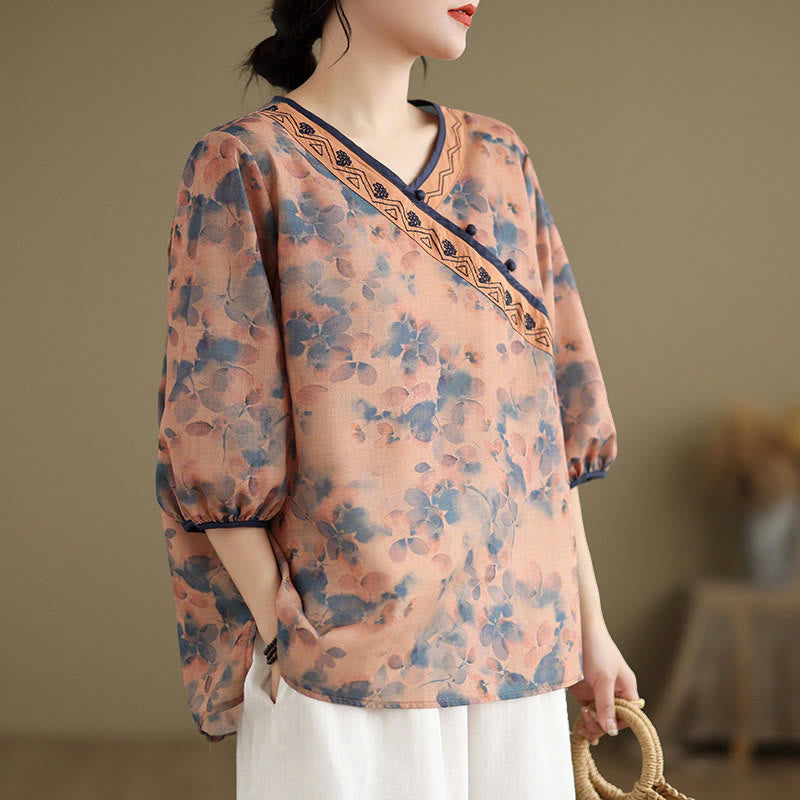 Buddha Stones Summer Vintage Floral V-Neck Women's Elbow-Length Sleeve Shirts - LightSalmon - US8-10，UK/AU12-14，EU40-42 (2XL) - image 9