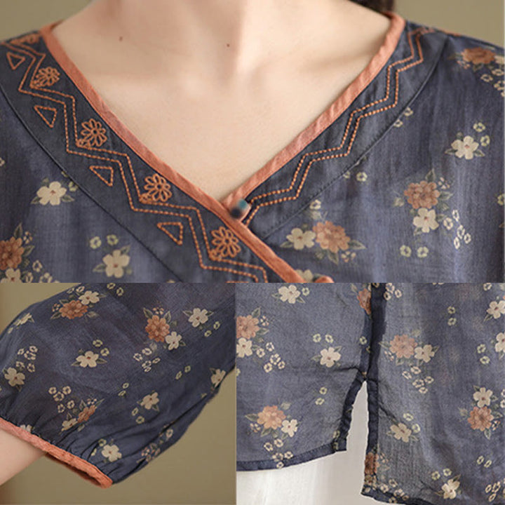 Buddha Stones Summer Vintage Floral V-Neck Women's Elbow-Length Sleeve Shirts - image 5