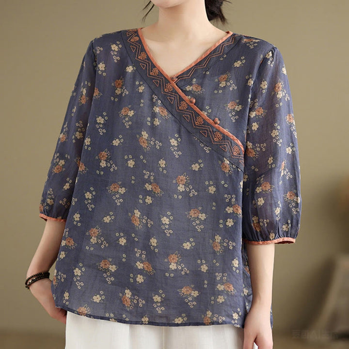 Buddha Stones Summer Vintage Floral V-Neck Women's Elbow-Length Sleeve Shirts - image 1