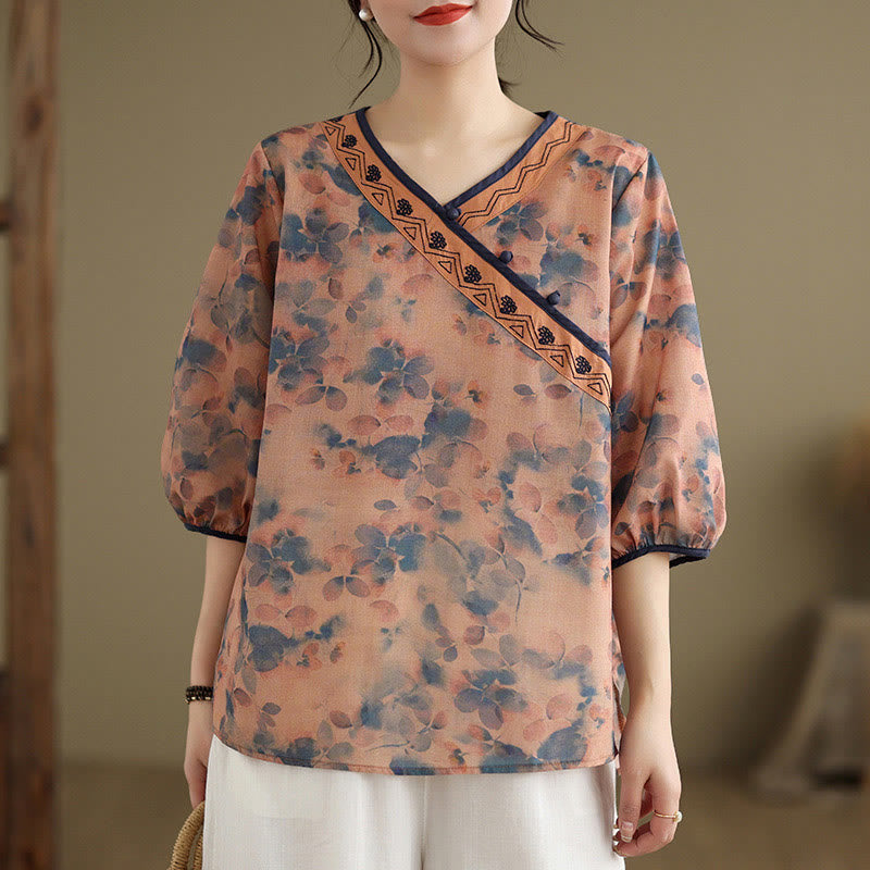 Buddha Stones Summer Vintage Floral V-Neck Women's Elbow-Length Sleeve Shirts - image 10