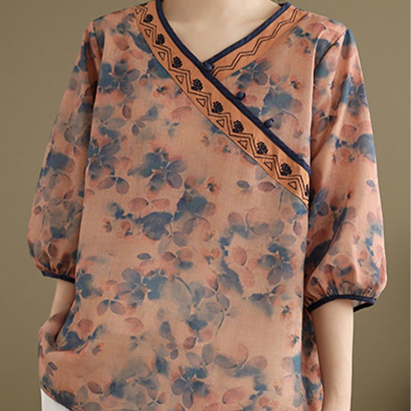 Buddha Stones Summer Vintage Floral V-Neck Women's Elbow-Length Sleeve Shirts - image 13