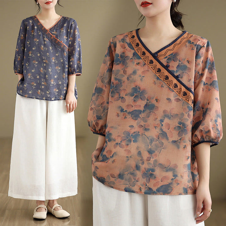 Buddha Stones Summer Vintage Floral V-Neck Women's Elbow-Length Sleeve Shirts - image 15