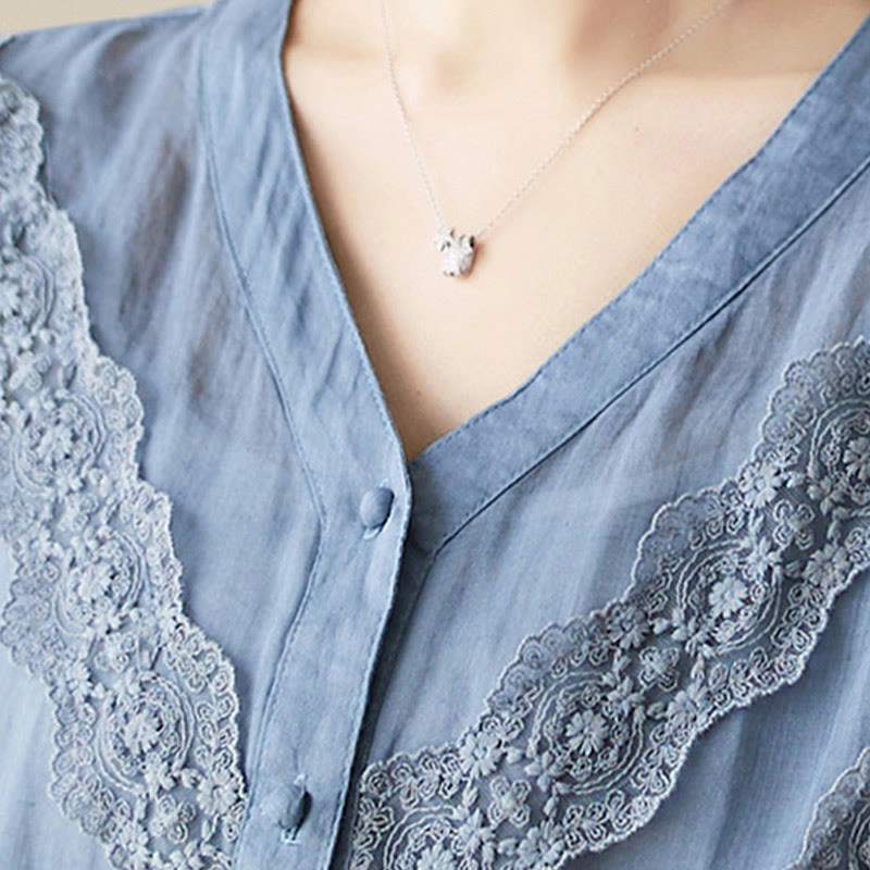 Buddha Stones Summer Solid V-Neck Lace-trimmed Women's Elbow-Length Sleeve Shirts - image 18