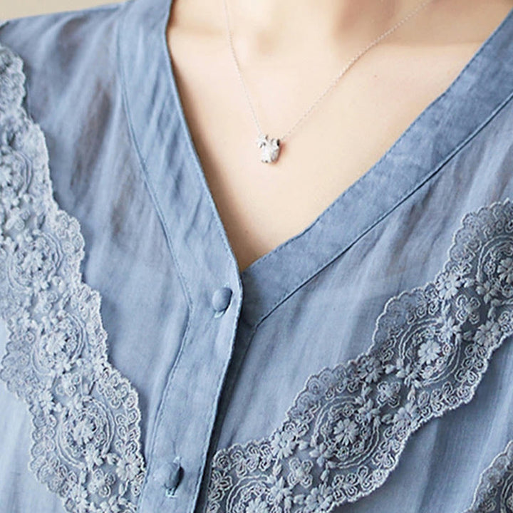 Buddha Stones Summer Solid V-Neck Lace-trimmed Women's Elbow-Length Sleeve Shirts - image 18